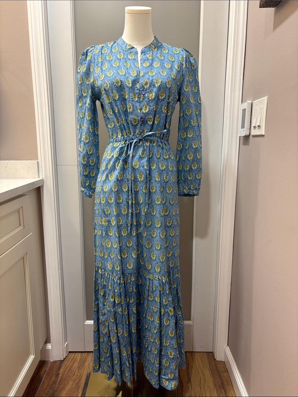 Emerson Fry Blue Maxi Dress with Yellow-Green Print